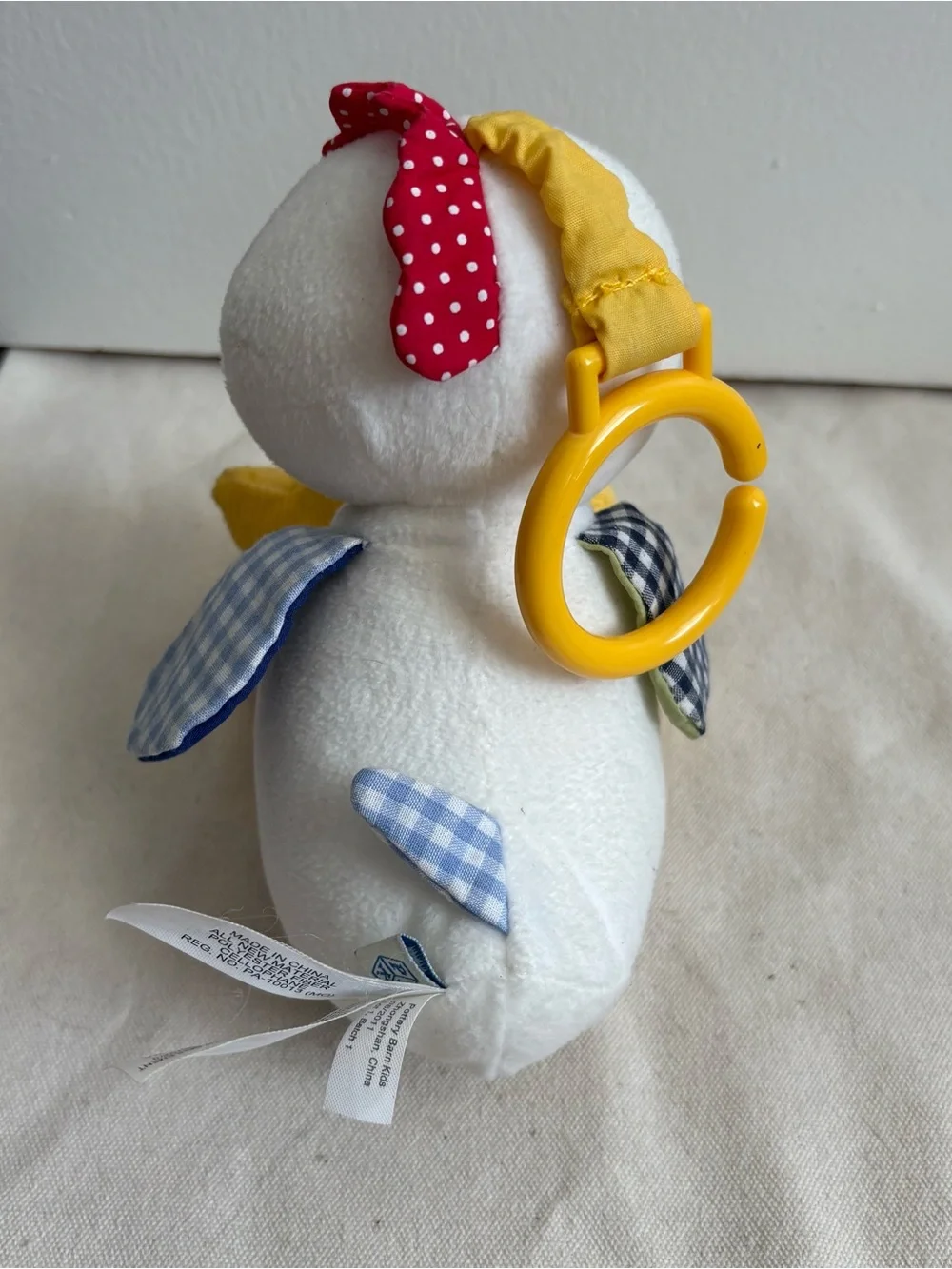 Pottery Barn Kids Chicken Bird Plush Baby Toy w/ Plastic Rings NO SOUND